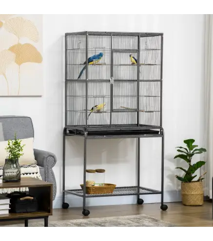 Jaula para Pájaros con Ruedas Pajarera Metálica con Perchas Comederos y Estante 81x48x162,5 cm Negro y Gris