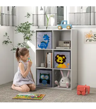 Librería para Niños de +3 Años con 6 Compartimientos y 3 Cajones de Tela no Tejida 61,8x29,9x91,5 cm Blanco y Gris