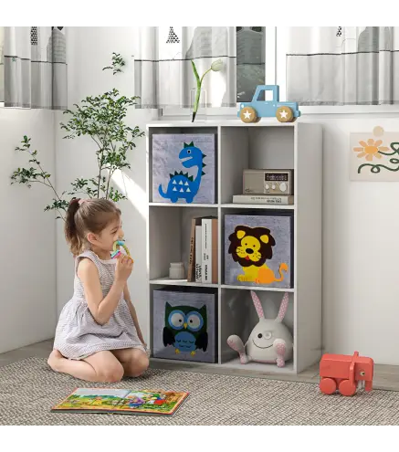 Librería para Niños de +3 Años con 6 Compartimientos y 3 Cajones de Tela no Tejida 61,8x29,9x91,5 cm Blanco y Gris