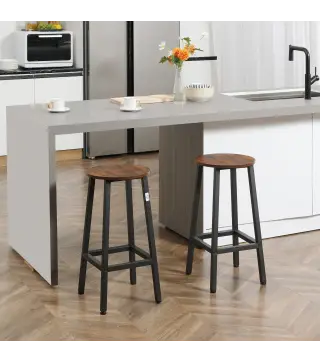 Juego de 2 Taburetes Altos de Cocina Altura 65 cm con Asiento de Melamina y Patas de Acero Marrón Rústico