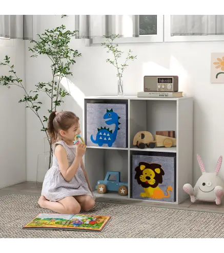 Librería para Niños de +3 Años con 4 Compartimientos y 2 Cajones de Tela no Tejida 61,8x29,9x61,8 cm Blanco y Gris