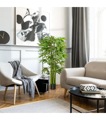 Árbol de Bambú Artificial Planta Artificial con 975 Hojas y Maceta Decorativa para Hogar Salón 160 cm Verde