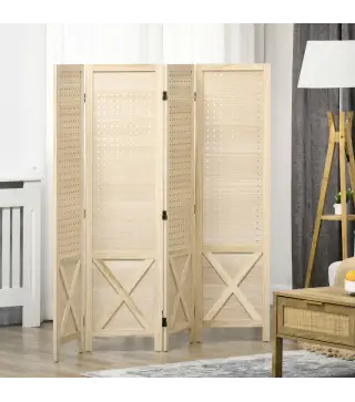 Biombo de 4 Paneles con Pantalla de Privacidad Divisor de Habitación Plegable 152x1,7x144,5 cm Estilo Rústico Natural