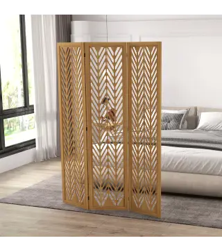 Separador de Ambientes Plegable de 3 Paneles 120x1,7x170 cm Biombo de Madera con Patrones Geométricos Natural