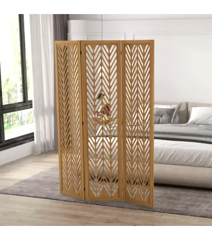 Separador de Ambientes Plegable de 3 Paneles 120x1,7x170 cm Biombo de Madera con Patrones Geométricos Natural
