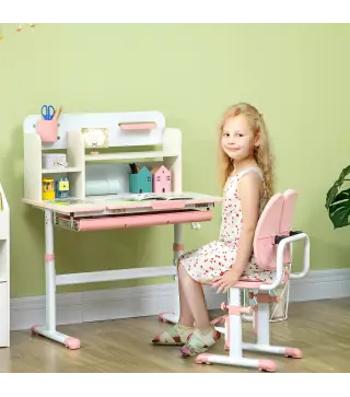 Pupitre Infantil Altura Ajustable con 1 Cajón 1 Estante y Tablero de Mesa Inclinable 80x52x88-109 cm Rosa y Blanco