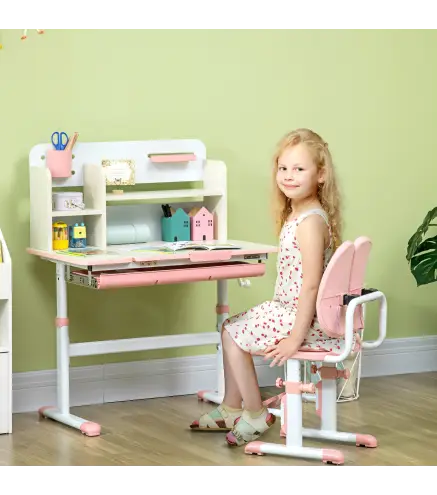 Pupitre Infantil Altura Ajustable con 1 Cajón 1 Estante y Tablero de Mesa Inclinable 80x52x88-109 cm Rosa y Blanco