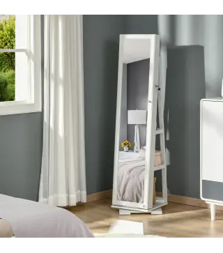 Espejo Joyero Giratorio 360° Organizador de Joyas con Cerradura y Espejo Pequeño Incorporado 38x38x160 cm Blanco Veteado