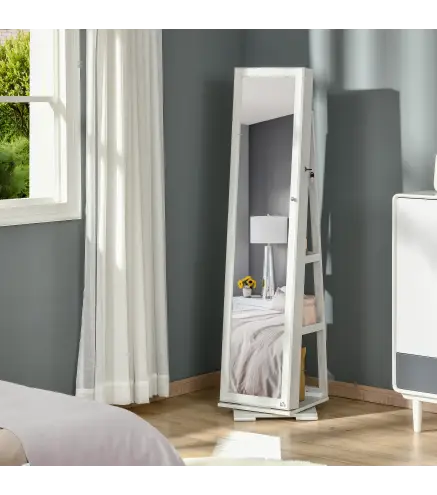 Espejo Joyero Giratorio 360° Organizador de Joyas con Cerradura y Espejo Pequeño Incorporado 38x38x160 cm Blanco Veteado