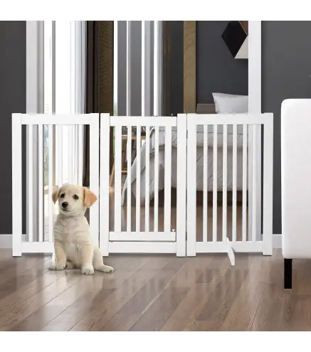 Valla para Mascotas Plegable de 3 Paneles con 1 Puerta y Patas de Apoyo para Pasillo Escalera 155x35,5x76 cm Blanco