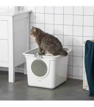 Arenero para Gatos Cubierto con Pala Inodoro para Gatos con 2 Puertas Principal y Superior 44x55x39 cm Blanco y Gris