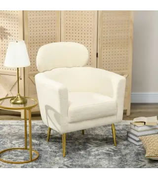 Sillón de Salón Sofá Individual con Reposacabezas y Patas de Metal para Dormitorio Oficina Carga 125 kg Crema