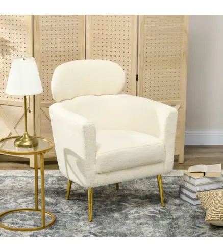 Sillón de Salón Sofá Individual con Reposacabezas y Patas de Metal para Dormitorio Oficina Carga 125 kg Crema