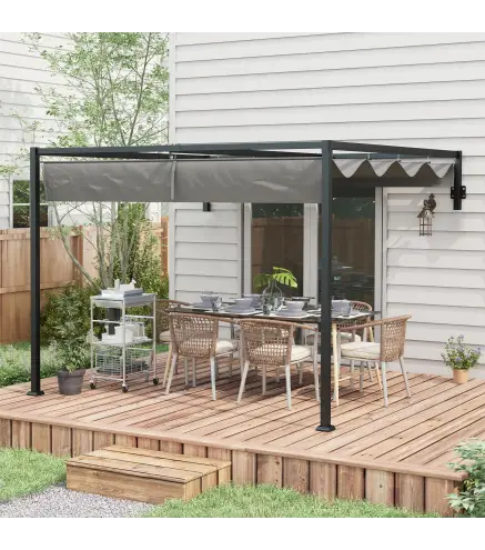 Pérgola de Jardín de Pared 297x211x220 cm Cenador con Techo Retráctil y Marco de Acero para Patio Terraza Gris Oscuro