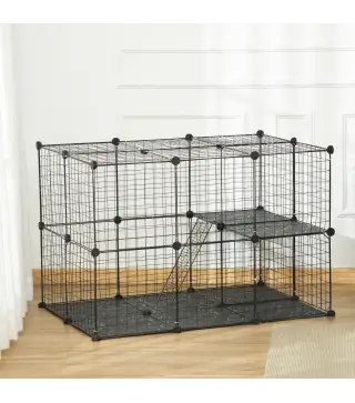 Jaula para Animales Pequeños de 3 Niveles con Rampas y Forma Personalizable para Cobayas Conejos 70x70x105 cm Negro