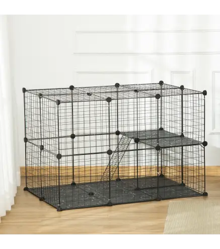Jaula para Animales Pequeños de 3 Niveles con Rampas y Forma Personalizable para Cobayas Conejos 70x70x105 cm Negro