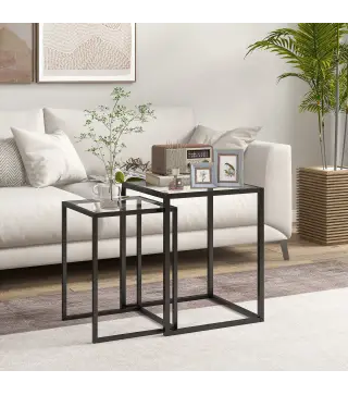Juego de Mesas de Centro Apilables con Encimera de Vidrio Templado y Marco de Acero 33x33x45,5 cm y 42x42x51 cm Negro