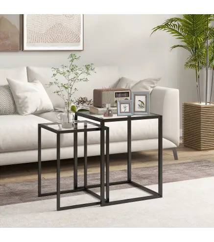 Juego de Mesas de Centro Apilables con Encimera de Vidrio Templado y Marco de Acero 33x33x45,5 cm y 42x42x51 cm Negro