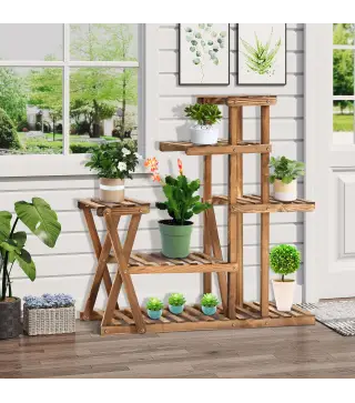 Estantería para Plantas con Pies de Madera con 5 Niveles Carga 60 kg para Interior y Exterior 98x28x95 cm Carbonizado