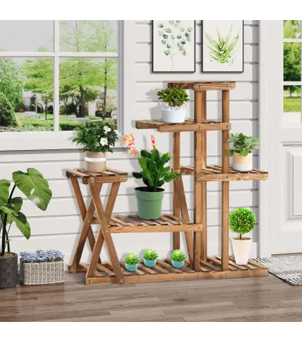 Estantería para Plantas con Pies de Madera con 5 Niveles Carga 60 kg para Interior y Exterior 98x28x95 cm Carbonizado