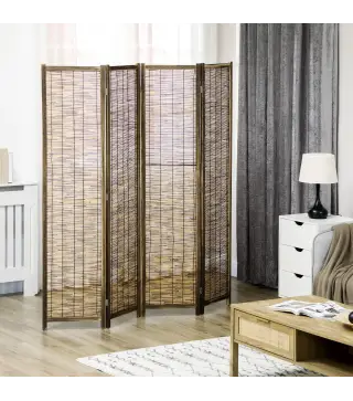 Biombo de 4 Paneles Plegable 160x1,8x170 cm Separador de Ambientes de Madera y Carrizo Natural