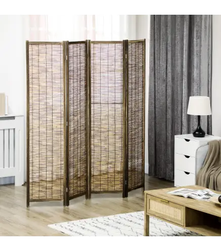 Biombo de 4 Paneles Plegable 160x1,8x170 cm Separador de Ambientes de Madera y Carrizo Natural