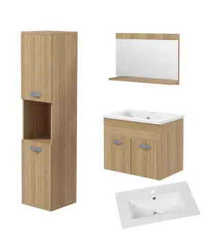 Conjunto de Muebles de Baño de Pared 3 Piezas Incluye Espejo Armario con Lavabo Cerámico y Columna de Baño Natural