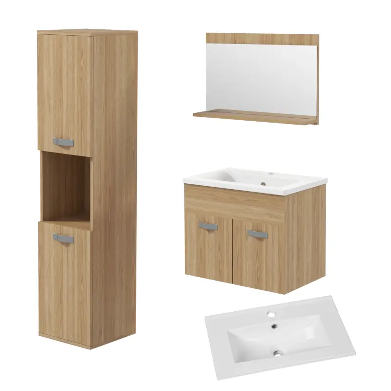Conjunto de Muebles de Baño de Pared 3 Piezas Incluye Espejo Armario con Lavabo Cerámico y Columna de Baño Natural