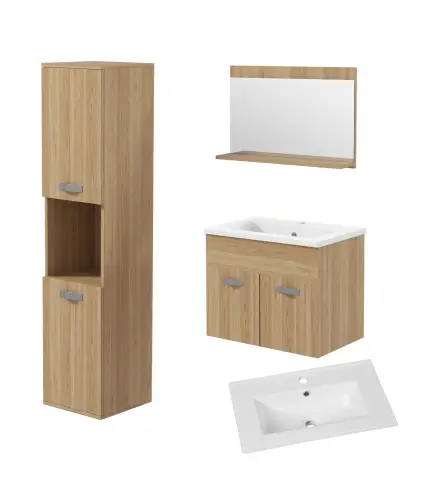 Conjunto de Muebles de Baño de Pared 3 Piezas Incluye Espejo Armario con Lavabo Cerámico y Columna de Baño Natural