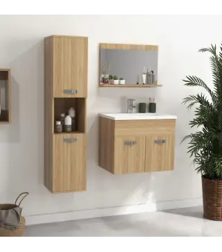 Conjunto de Muebles de Baño de Pared 3 Piezas Incluye Espejo Armario con Lavabo Cerámico y Columna de Baño Natural