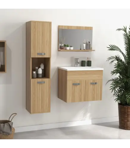 Conjunto de Muebles de Baño de Pared 3 Piezas Incluye Espejo Armario con Lavabo Cerámico y Columna de Baño Natural
