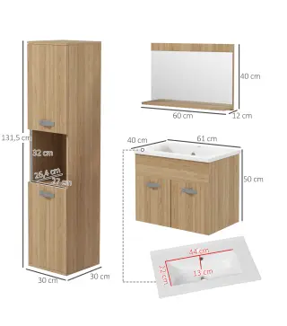 Conjunto de Muebles de Baño de Pared 3 Piezas Incluye Espejo Armario con Lavabo Cerámico y Columna de Baño Natural