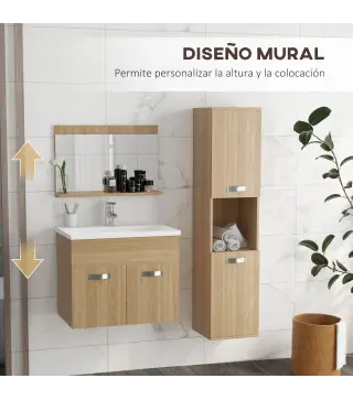 Conjunto de Muebles de Baño de Pared 3 Piezas Incluye Espejo Armario con Lavabo Cerámico y Columna de Baño Natural