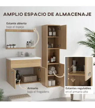 Conjunto de Muebles de Baño de Pared 3 Piezas Incluye Espejo Armario con Lavabo Cerámico y Columna de Baño Natural