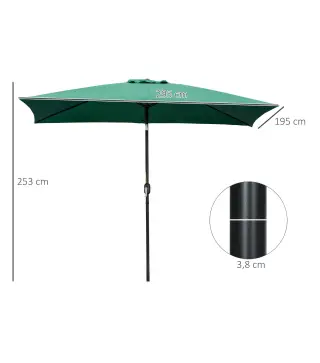 Sombrilla de Aluminio 195x295x253 cm Parasol Rectangular de Jardín Inclinable con Manivela y Poste Desmontable Verde