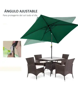 Sombrilla de Aluminio 195x295x253 cm Parasol Rectangular de Jardín Inclinable con Manivela y Poste Desmontable Verde