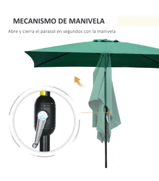 Sombrilla de Aluminio 195x295x253 cm Parasol Rectangular de Jardín Inclinable con Manivela y Poste Desmontable Verde