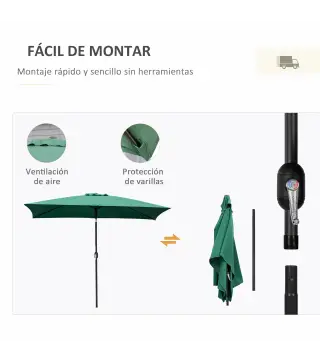 Sombrilla de Aluminio 195x295x253 cm Parasol Rectangular de Jardín Inclinable con Manivela y Poste Desmontable Verde