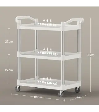 Carrito de Cocina de 3 Niveles Carrito de Almacenamiento de Aluminio Carga 105 kg para Comedor Sala 88x44x93 cm Blanco