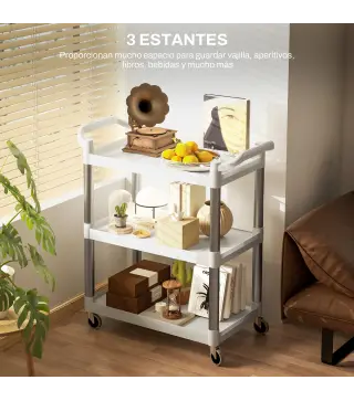 Carrito de Cocina de 3 Niveles Carrito de Almacenamiento de Aluminio Carga 105 kg para Comedor Sala 88x44x93 cm Blanco