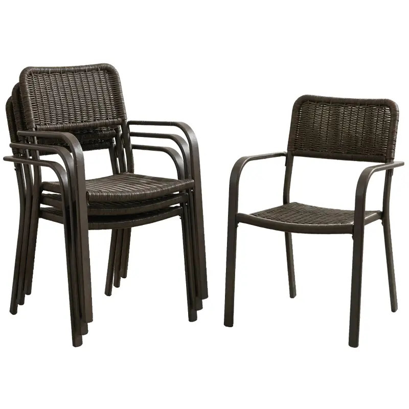 Juego de 4 Sillas de Jardín Exterior Apilables con Reposabrazos Respaldo y Marco de Acero 55x60x83 cm Marrón Oscuro