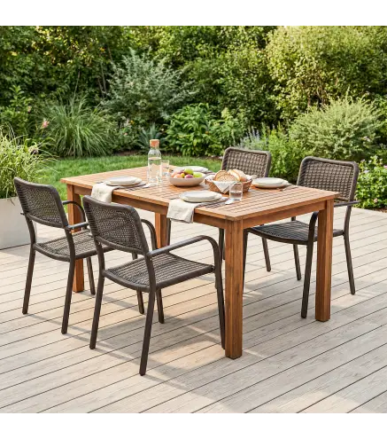 Juego de 4 Sillas de Jardín Exterior Apilables con Reposabrazos Respaldo y Marco de Acero 55x60x83 cm Marrón Oscuro