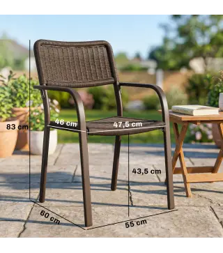 Juego de 4 Sillas de Jardín Exterior Apilables con Reposabrazos Respaldo y Marco de Acero 55x60x83 cm Marrón Oscuro