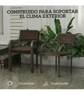 Juego de 4 Sillas de Jardín Exterior Apilables con Reposabrazos Respaldo y Marco de Acero 55x60x83 cm Marrón Oscuro