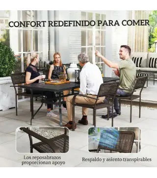 Juego de 4 Sillas de Jardín Exterior Apilables con Reposabrazos Respaldo y Marco de Acero 55x60x83 cm Marrón Oscuro