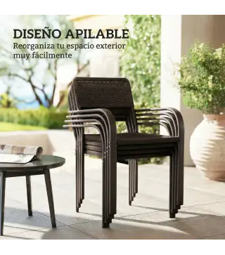 Juego de 4 Sillas de Jardín Exterior Apilables con Reposabrazos Respaldo y Marco de Acero 55x60x83 cm Marrón Oscuro