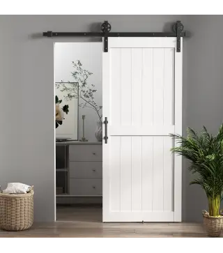 Puerta Corredera de Granero con Herrajes Manija Rodillo y Guía de Suelo Mejorados para Baño Salón 91,5x213,4 cm Blanco