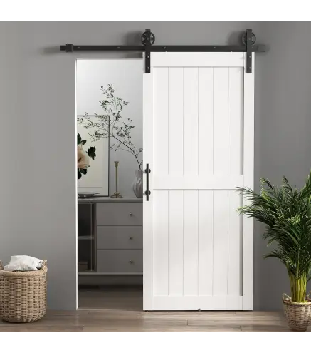 Puerta Corredera de Granero con Herrajes Manija Rodillo y Guía de Suelo Mejorados para Baño Salón 91,5x213,4 cm Blanco