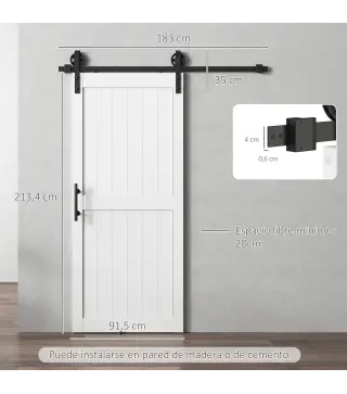 Puerta Corredera de Granero con Herrajes Manija Rodillo y Guía de Suelo Mejorados para Baño Salón 91,5x213,4 cm Blanco