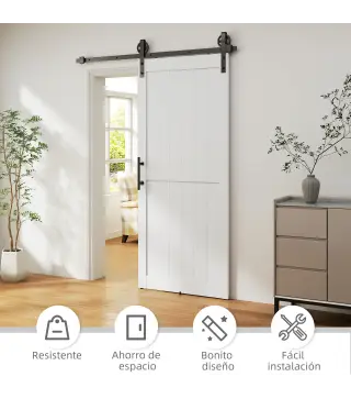 Puerta Corredera de Granero con Herrajes Manija Rodillo y Guía de Suelo Mejorados para Baño Salón 91,5x213,4 cm Blanco